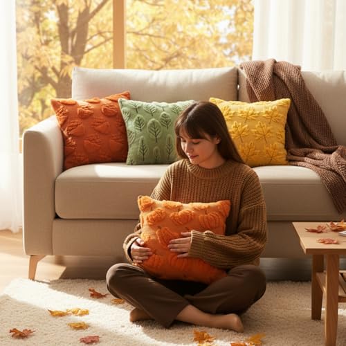 Tiamon 4 Pcs Fall Throw Pillow Covers 18 x 18 Inch Autumn Pillow Cases 3D Embroidered Pumpkin Leaf Plush Fluffy Faux Fur Cushion Covers for Thanksgiving Harvest Decoration Farmhouse Home Sofa Couch - style: Fall A