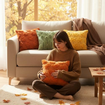 Tiamon 4 Pcs Fall Throw Pillow Covers 18 x 18 Inch Autumn Pillow Cases 3D Embroidered Pumpkin Leaf Plush Fluffy Faux Fur Cushion Covers for Thanksgiving Harvest Decoration Farmhouse Home Sofa Couch - style: Fall A