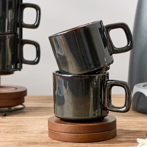 LUKA Porcelain Stackable Espresso Cups with Saucers and Metal Stand, 4 Ounce Small Ceramic Demitasse Cups Set for Latte, Specialty Coffee Drinks, Cafe Mocha,Tea - Set of 4, Kiln Tide Glaze - color: Kiln Tide Glaze