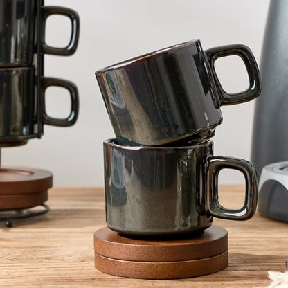 LUKA Porcelain Stackable Espresso Cups with Saucers and Metal Stand, 4 Ounce Small Ceramic Demitasse Cups Set for Latte, Specialty Coffee Drinks, Cafe Mocha,Tea - Set of 4, Kiln Tide Glaze - color: Kiln Tide Glaze