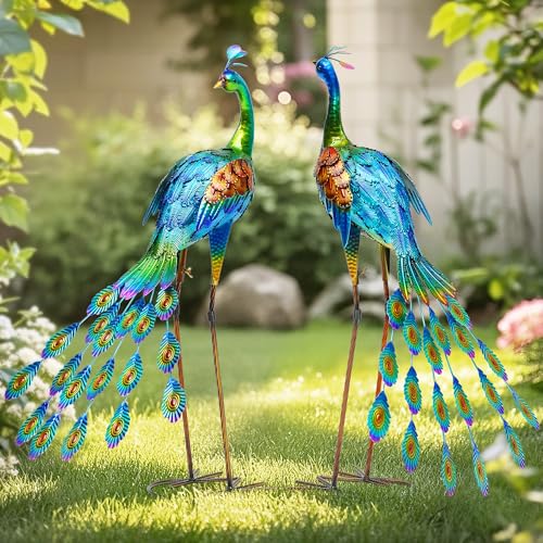 Oversized Peacock Decor Set of 2, 32" Outdoor Metal Yard Art | Hand-Painted Metal Peacock Sculpture. Weatherproof Garden Art for Lawn, Flower Beds, Patio, Backyard, or Indoor Home Decor. - color: 32" -Green+brown