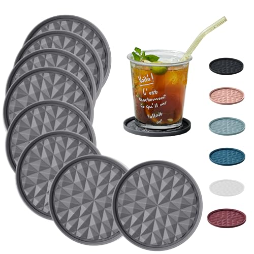 Silicone Drink Coasters Set of 8, Coaster for Desk | Prevents Condensation&Spills, Non-Slip, Reusable&Easy Clean, Diamond Pattern, Living Room&Kitchen Decor, Gift, Dark Grey - color: Dark Grey, size: 8×3.9inches