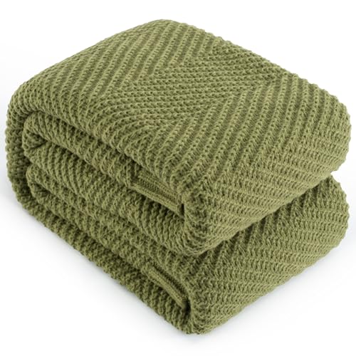 Knitted Throw Blanket for Couch, 50X60 Chevron Bed Knit Throws | Olive Green Lightweight Living Room Decor, Super Soft Boho Bedding Blankets, Cozy Herringbone Textured, Chair Sofa Cover - color: Olive Green, size: Throw (50"x60")