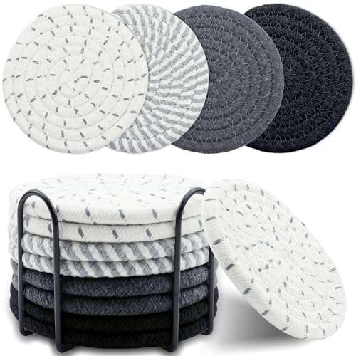 8 Pcs Drink Coasters with Holder, Minimalist Cotton Woven Coaster Set, 4 Colors Absorbent Coaster Protection Protection for Various Cups, Ideal for Coffee Tables and Home Decor Tabletop, 4.3 Inches - color: Greyblack