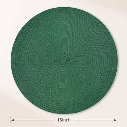 FunWheat Round Braided Placemats Set of 6 Place mats for Dining Tables Woven Heat Resistant Table Mats 15 inch (Dark Green) - color: Solid Dark Green, size: 6pcs