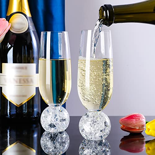 Hanjue Lead-free Crystal Champagne Glasses Set of 4, 7 Oz Clear Champagne Flutes - Ideal for Gifts,Parties, Wedding, Christmas - Long-lasting and Reusable Bar Glassware - color: Fracture balls