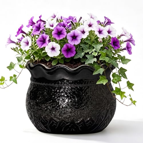 12 Inch Ceramic Planter, Large Plant Pot Indoor, Black | Unique Pots for Plants with Drainage Hole, Large Round Flower Pot for Indoor Plants, Bookshelf Decor, Plant Gifts for Women - color: Black, size: 12 Inch