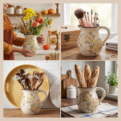 Retro Rustic Ceramic Utensil Holder 6.1" Modern Farmhouse Utensil Crock with Handle Kitchen Organizer for Countertop Home Decoration Housewarming Gift(Sunflower) - style: Sunflower