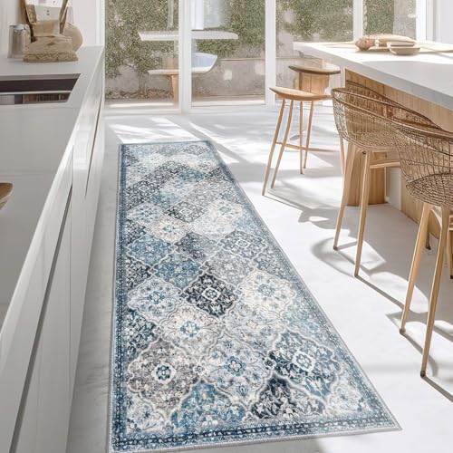 KILOCOCO 2.6x8 Washable Runner Rug, Non Slip Area Rug for Hallway Kitchen | Soft Moroccan Trellis Spill & Stain Resistant Low Pile Carpet for Entryway Office Laundry Bedroom, Easy Clean - color: Blue/Multi, size: 2'7" x 8' (Runner)