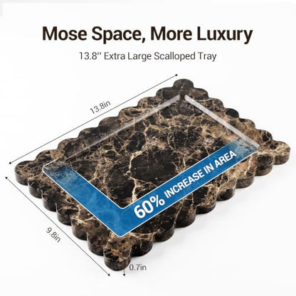 Large Dark Brown Marble Vanity Tray, Scalloped Bathroom Counter Tray | Elevates Countertops with Timeless Natural Stone Beauty - color: Dark Brown