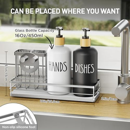 Moforoco Kitchen Dish Soap Dispenser Set, 16OZ Glass Bottle, Hand and Dish Soap Dispenser Set, Instant Dry Tray, Brush Holder with Smiley Face Sponge Holder (Silver Tray+Black&White Bottle) - color: Silver Tray+black&white Bottle