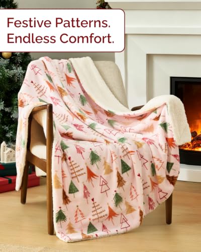 Christmas Sherpa Blanket Throw Size, Reversible Blanket - Pink Trees, 50x60 | Super Soft Double Sided Throw for Bed, Sofa, Couch, Reversible Sherpa Fleece Blanket, Thick, Warm, Plush, Xmas Winter Bedding - color: 02- Pink Trees
