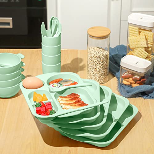 Honoson 24 Pcs Wheat Straw Dinnerware Cutlery Set, Service for 4, Unbreakable Plates and Bowls Set - Divided Plates, Bowls, Spoons, Forks & Knives, Microwave & Dishwasher Safe(Green) - color: Green