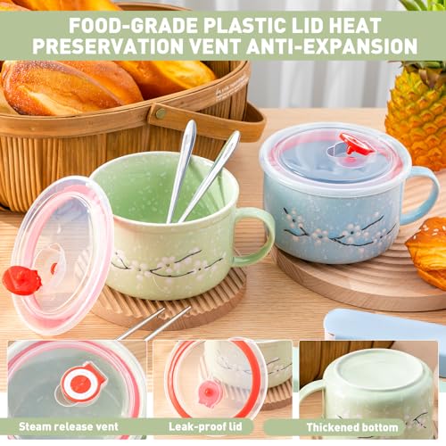 2 Pcs 30 Oz Ceramic Bowl with Lid Handle Noodle Cup,Blue, Green | Microwave Soup Bowls for Instant Meals, Cherry Blossom Design, 2 Stainless Utensils Sets with Case for Office Dorm Lunch - color: Blue, Green