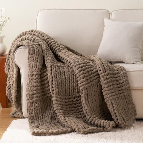 Bunnikins & Clover Beige Throw Blanket for Couch, 50"x60" | Chunky Knit Beige Throw for Bed, Neutral Throw Blankets Tan Throw Blanket for Room Decor Housewarming Gifts - color: Taupe