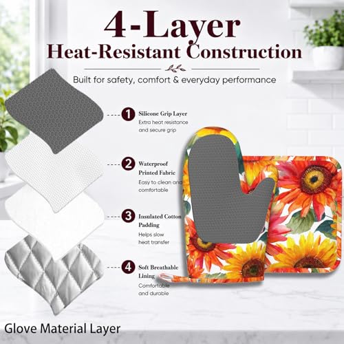 Watercolor Sunflowers Oven Mitts and Pot Holders Sets Flower Oil Painting Non-Slip Silicone Surface for BBQ Gloves,Kitchen,Cooking,Baking,Grilling - color: Watercolor Sunflowers