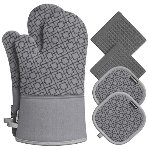 Oven Mitts and Pot Holders Sets 6pcs, Kitchen Oven Glove,High Heat Resistant 550 Degree Extra Long Oven Mitts and Potholders with Non-Slip Silicone Surface for Home Essentials (Grey) (Gray) - color: Gray