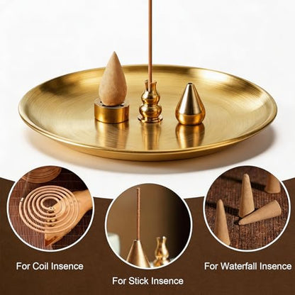 Brass Incense Holder for Sticks with Ash Catcher, 4-in-1 Stackable Incense Burner Holder, 5.5 Inch Round Tray, 9 Holes Insert for Meditation Yoga Home Decor