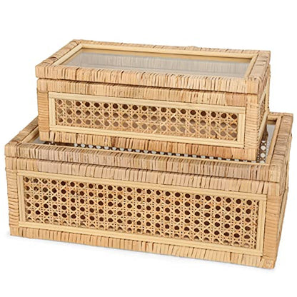 Large Handwoven Boho Rattan Display Boxes with Glass Lids Set of 2 | Rectangular Decorative Storage Bins Natural Woven Cane Home Decor Organizers (15.55" x 9.64" x 5.9" & 12.48" x 6.88" x 4.52")