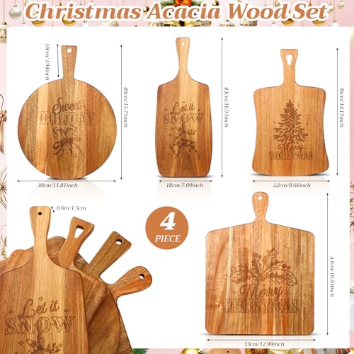 SiliFine 4 Pcs Acacia Wood Cutting Boards with Handles, Christmas | Thick Butcher Block, Reversible Surface, Natural Acacia Hardwood, Assorted Sizes Nest for Storage, Easy-grip Handle Design - style: Christmas