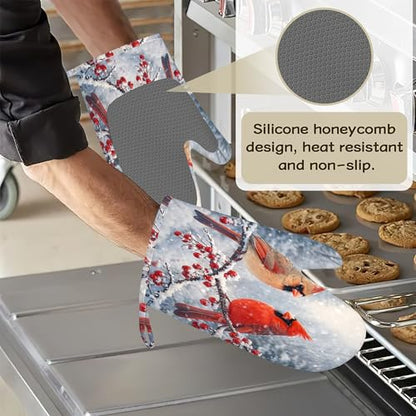 Winter Cardinal Bird Oven Mitts and Pot Holders Sets Silicone Kitchen Mitts Potholders Heat Resistant 4Pcs Oven Gloves Hot Pads for Kitchen Baking Cooking - color: Winter Cardinal Bird