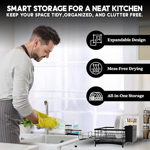 2 IN 1 Expandable Dish Drying Rack plus Sponge Organizer, Stainless Steel Drying Rack with Drainer Plate, Kitchen Countertop Organizer Space Saving Utensil Holder, Scratch Resistant and Rust-Proof