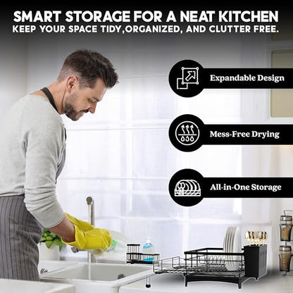 2 IN 1 Expandable Dish Drying Rack plus Sponge Organizer, Stainless Steel Drying Rack with Drainer Plate, Kitchen Countertop Organizer Space Saving Utensil Holder, Scratch Resistant and Rust-Proof