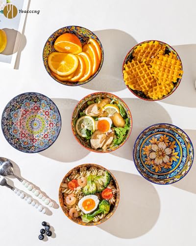 Yeacccng Bohemian Cereal Bowls Set of 6, 5.9 Inch 27 Oz Ceramic Soup Bowls, Microwave Dishwasher Safe, Lead-Free Scratch-Resistant for Oatmeal Pasta Salad, Colorful Boho Bowls