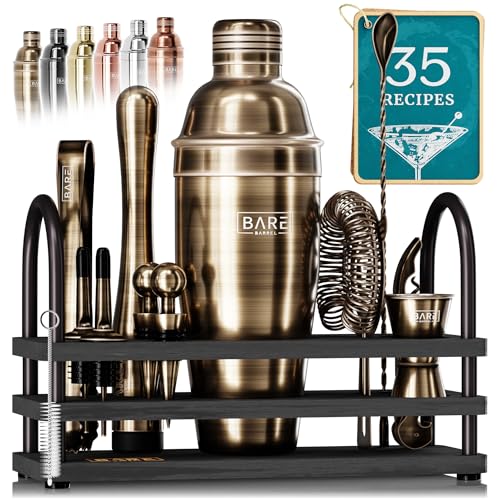 BARE BARREL® Mixology Bartender Kit Bar Set | 14-Piece Cocktail Shaker Set | Martini Barware Mixing Tools for Home Bartending | 35 Recipe Cards | Gift Set (24oz Cobbler Shaker, Brass/Black) - color: Brass/Black