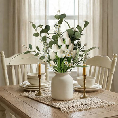 22 Stems White Faux Tulip Bouquet with Eucalyptus | Real touch petals, bendable stems, mixed daisies, farmhouse centerpiece, wedding and Mother's Day decor, no vase - color: Pure White