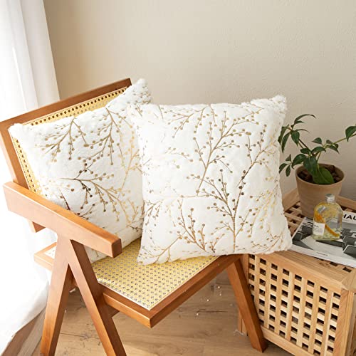 LIGICKY Set of 2 Fluffy White Faux Fur Pillow Covers Gold Floral Glitter Throw Pillows Decorative Soft Furry Sparkling Square Cushion Cases for Sofa Bedroom Party Fall Autumn Décor 18x18inch - color: White Gold, size: 18" x 18" (Pack of 2)