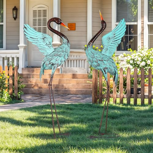 47.5" Metal Crane Statue, Extra-Large Blue Heron Decor Set of 2 | Handcrafted Garden Bird Yard Art, Stable U-Ground Stakes,Weatherproof, Iron Animal Weatherproof Decor, for Backyard Lawn - color: 47.5" -Distressed Patina Green