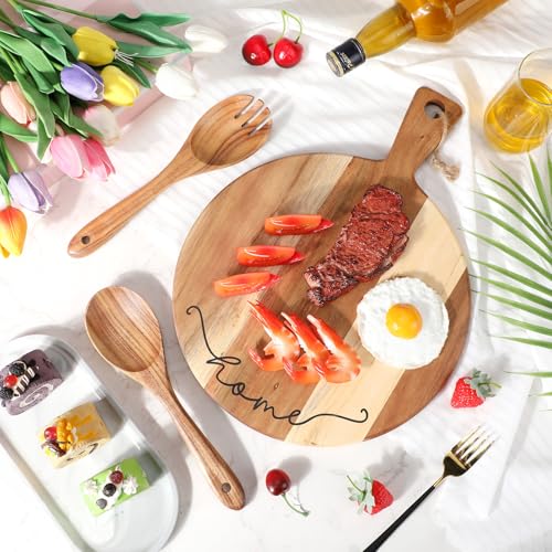 Patelai Cutting Board Gift Housewarming Cutting Board with Spoon Fork and Ribbon Charcuterie Boards Wooden Serving Tray for Cheese Fruit Bread Salad Vegetables Snack Dessert - style: round