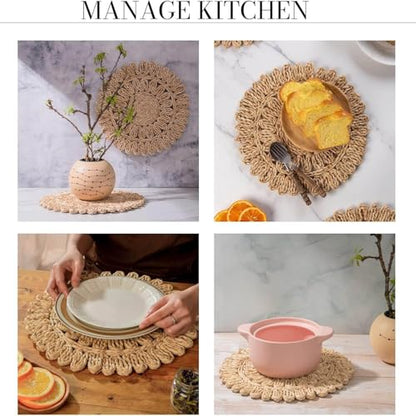 11.8" Set of 6 Round Corn Husk Placemats | Boho Woven Rattan Table Mats | Farmhouse Wicker Spring Plate Chargers Like Water Hyacinth, Seagrass for Wedding, Party, Christmas, Events - size: Set of 6 (Dia 11.8)