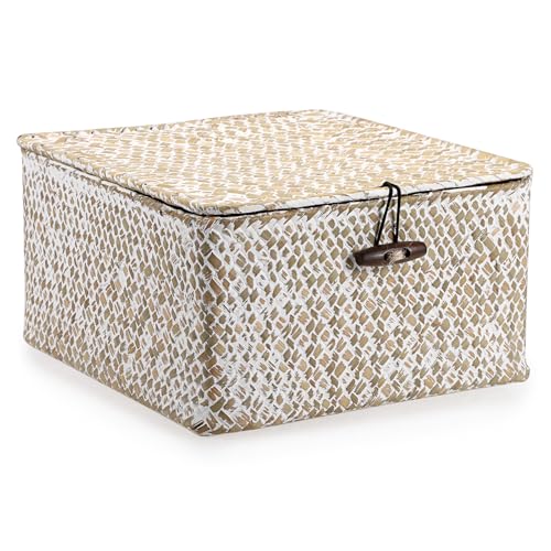 Hipiwe Handwoven Seagrass Basket with Lid Square Wicker Basket Storage Bin | Multipurpose Baskets Organizer Closet Storage Baskets Box Household Container for Home Decor, Small Whitewash - color: Whitewash color, size: Small