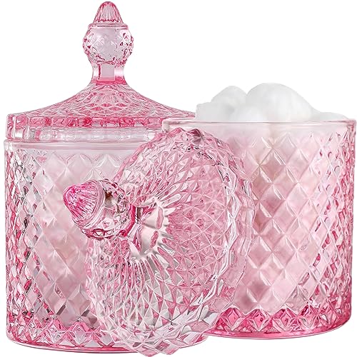 2 Pack Qtip Holder Apothecary Jars with Lid, Thick Glass, Large Pink | Bathroom Canisters Storage Organizer for Cotton Swabs, Balls, Pads, Floss Picks, Candy, Jewelry, Bathroom Decor - color: Pink, size: 23 oz (2 pack)