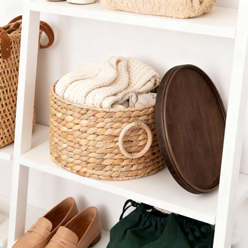 Water Hyacinth Storage Basket with Wood Lid - Handwoven Round Shelf Basket for Organizing, Rustic Woven Basket with Handle (Set of 3) for Living Room,bed room,Closet,Kitchen&Pantry