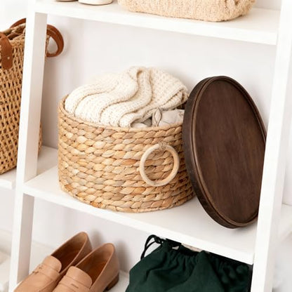 Water Hyacinth Storage Basket with Wood Lid - Handwoven Round Shelf Basket for Organizing, Rustic Woven Basket with Handle (Set of 3) for Living Room,bed room,Closet,Kitchen&Pantry