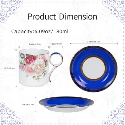 KAMMAK Tea Cups and Saucers Set of 2, Porcelain Coffee Cups, JBE015 | Stackable Espresso Mugs, Ceramic Demitasse for Coffee, Cappuccino, Latte, Americano, Tea - size: 8CZJBE015