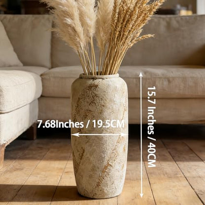 Rustic Ceramic Floor Vase, 15.7 Inch, Handpainted Finish | Living Room, Entryway, Fireplace, Pampas Grass, Dried Branches