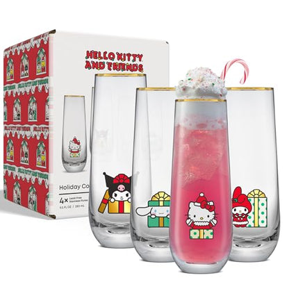 JoyJolt Hello Kitty and Friends Holiday Stemless Flutes, 9.5oz Drinking Glasses Set of 4, Kawaii Sanrio Hello Kitty Kitchen Glass Set Ideal for Water Juice Smoothies, Skinny Tall Glasses - style: Hello Kitty and Friends
