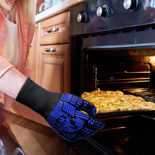 BBQ Gloves, 1472°F Heat Resistant with Silicone Grip Oven Mitts | Non-Slip Grip, for BBQ, Grilling, Oven, Smoker, Cooking and Baking - color: Blue, size: Long (Glove L 13.78" × Palm W 6.33")