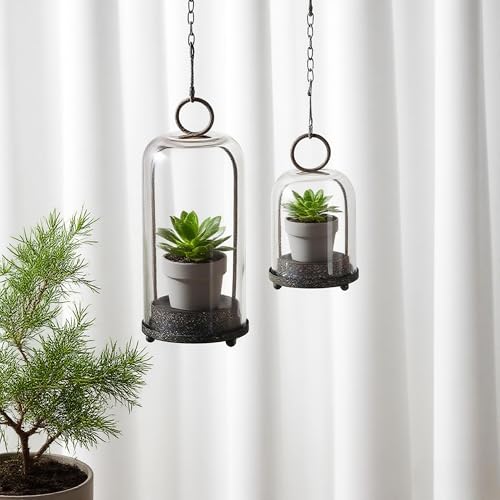 5" & 4" Wide Versatile Metal Candle Holder in Rustic Brown with Handmade Thick, Heavy & Sturdy Glass Dome for Pillar Candle, Industrial, Modern, Shelf, Mantel, Veranda, Porch - color: Brown