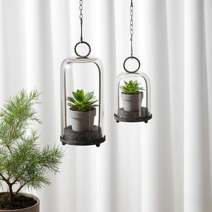5" & 4" Wide Versatile Metal Candle Holder in Rustic Brown with Handmade Thick, Heavy & Sturdy Glass Dome for Pillar Candle, Industrial, Modern, Shelf, Mantel, Veranda, Porch - color: Brown