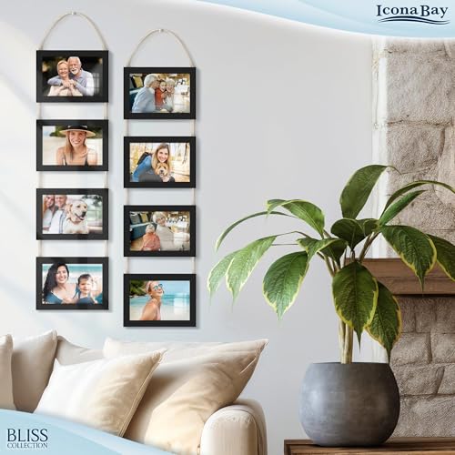 4x6 Hanging Picture Frames Collage with 8 Openings - Basic Black, 2 PK | Icona Bay casual style engineered wood frames, designed for wall hanging, space-saving photo display, Bliss collection - color: Basic Black, size: 4x6