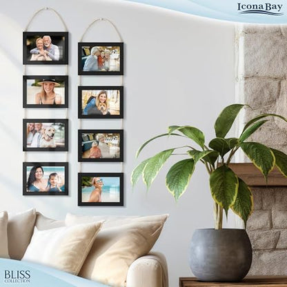 4x6 Hanging Picture Frames Collage with 8 Openings - Basic Black, 2 PK | Icona Bay casual style engineered wood frames, designed for wall hanging, space-saving photo display, Bliss collection - color: Basic Black, size: 4x6