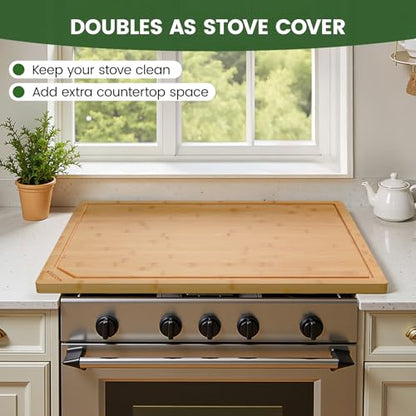 Kikcoin 30”×20” Bamboo Cutting Boards for Kitchen, Heavy Duty Wooden Cutting Boards, Healthy Extra Large Chopping Boards with Deep Juice Groove and Handle, Oversized Stove Top Cover, Natural - color: Natural, size: 30"L x 20"W