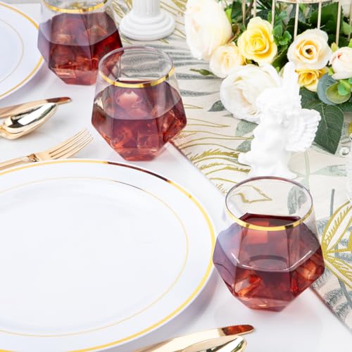 LUODA Gold Diamond Shaped Plastic Stemless Wine Glasses Set of 24, Disposable 12 Oz Gold Plastic Whiskey Glasses for Birthday, Housewarming and Weddings - color: Gold, size: 24 Count