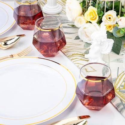 LUODA Gold Diamond Shaped Plastic Stemless Wine Glasses Set of 24, Disposable 12 Oz Gold Plastic Whiskey Glasses for Birthday, Housewarming and Weddings - color: Gold, size: 24 Count