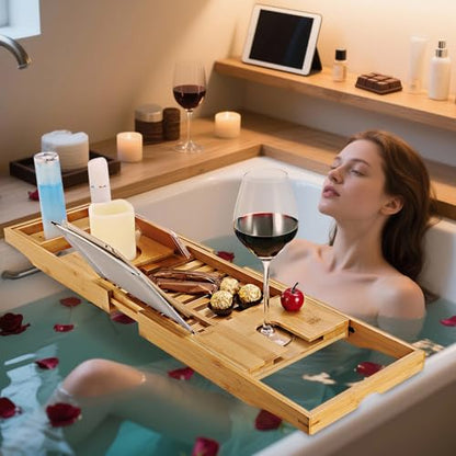 Premium Bamboo Bathtub Tray Caddy, Bath Tub Trays Table for Bathtub, Expandable Bath Caddy Tray, Bathtub & Bathroom Accessories for New Home, Anniversary and Wedding Gifts for Couple